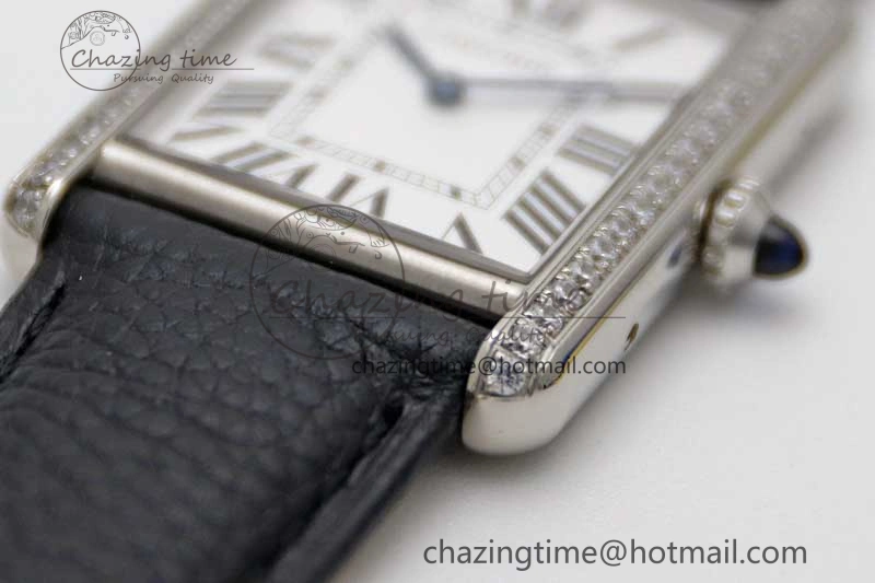 Tank Must Large SS K11F 1:1 Best Edition White Dial Diamonds Bezel on Black Leather Strap Ronda Quartz