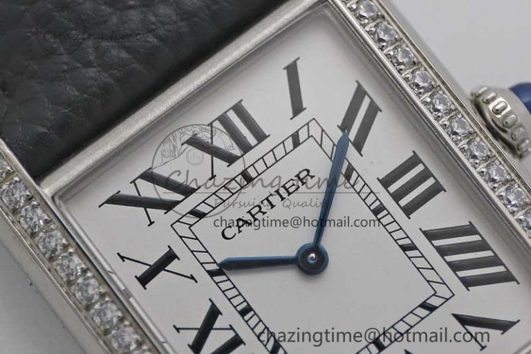 Tank Must Large SS K11F 1:1 Best Edition White Dial Diamonds Bezel on Black Leather Strap Ronda Quartz