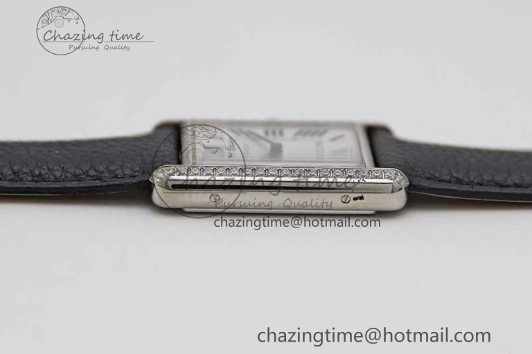 Tank Must Large SS K11F 1:1 Best Edition White Dial Diamonds Bezel on Black Leather Strap Ronda Quartz