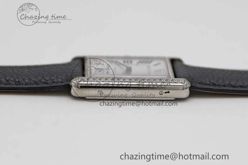 Tank Must Large SS K11F 1:1 Best Edition White Dial Diamonds Bezel on Black Leather Strap Ronda Quartz