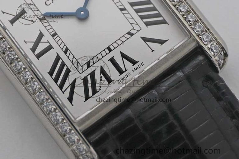 Tank Must Large SS K11F 1:1 Best Edition White Dial Diamonds Bezel on Croc Leather Strap Ronda Quartz