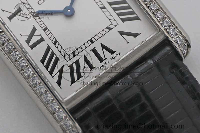 Tank Must Large SS K11F 1:1 Best Edition White Dial Diamonds Bezel on Croc Leather Strap Ronda Quartz