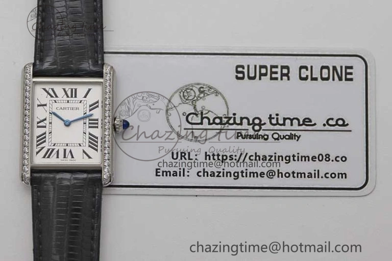 Tank Must Large SS K11F 1:1 Best Edition White Dial Diamonds Bezel on Croc Leather Strap Ronda Quartz