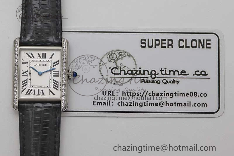 Tank Must Large SS K11F 1:1 Best Edition White Dial Diamonds Bezel on Croc Leather Strap Ronda Quartz