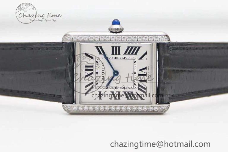 Tank Must Large SS K11F 1:1 Best Edition White Dial Diamonds Bezel on Croc Leather Strap Ronda Quartz