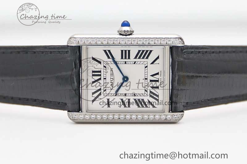 Tank Must Large SS K11F 1:1 Best Edition White Dial Diamonds Bezel on Croc Leather Strap Ronda Quartz