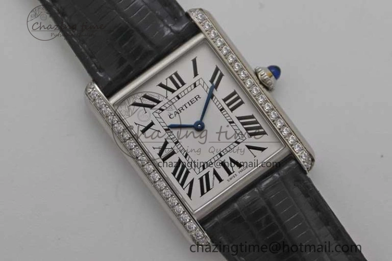 Tank Must Large SS K11F 1:1 Best Edition White Dial Diamonds Bezel on Croc Leather Strap Ronda Quartz