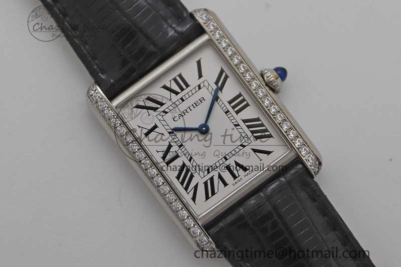 Tank Must Large SS K11F 1:1 Best Edition White Dial Diamonds Bezel on Croc Leather Strap Ronda Quartz