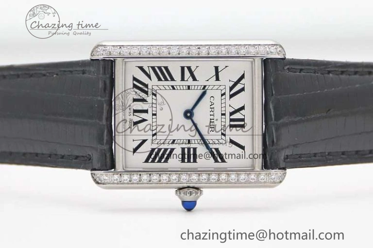 Tank Must Large SS K11F 1:1 Best Edition White Dial Diamonds Bezel on Croc Leather Strap Ronda Quartz