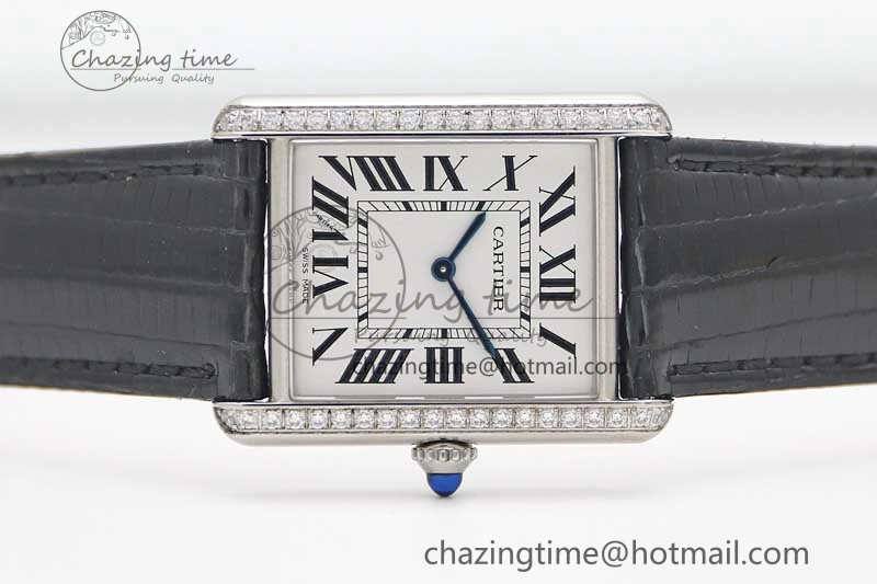 Tank Must Large SS K11F 1:1 Best Edition White Dial Diamonds Bezel on Croc Leather Strap Ronda Quartz