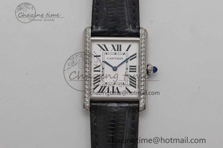 Tank Must Large SS K11F 1:1 Best Edition White Dial Diamonds Bezel on Croc Leather Strap Ronda Quartz
