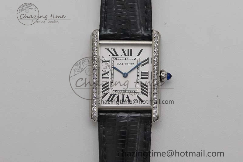 Tank Must Large SS K11F 1:1 Best Edition White Dial Diamonds Bezel on Croc Leather Strap Ronda Quartz
