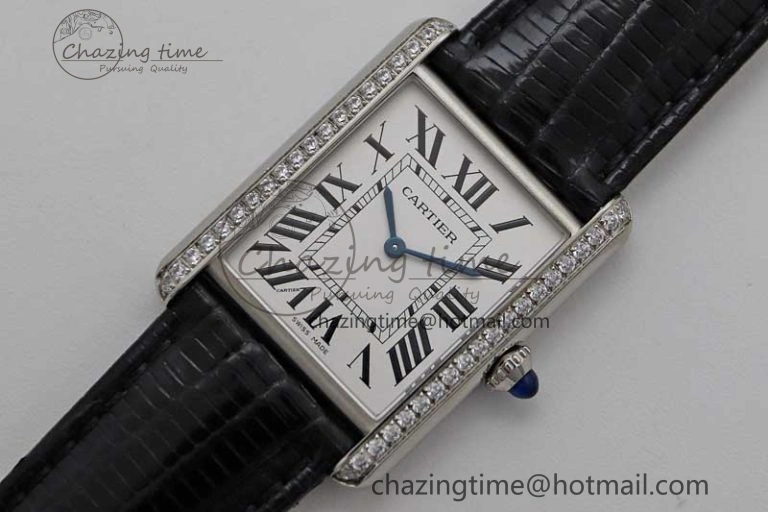 Tank Must Large SS K11F 1:1 Best Edition White Dial Diamonds Bezel on Croc Leather Strap Ronda Quartz