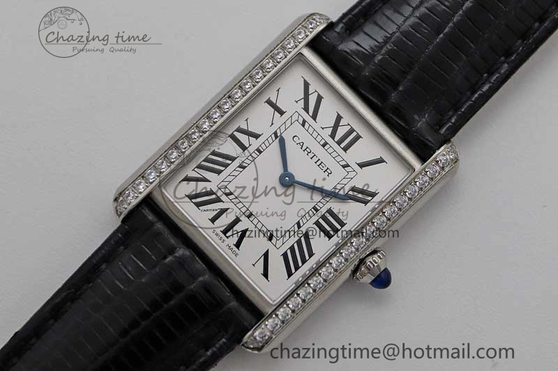 Tank Must Large SS K11F 1:1 Best Edition White Dial Diamonds Bezel on Croc Leather Strap Ronda Quartz