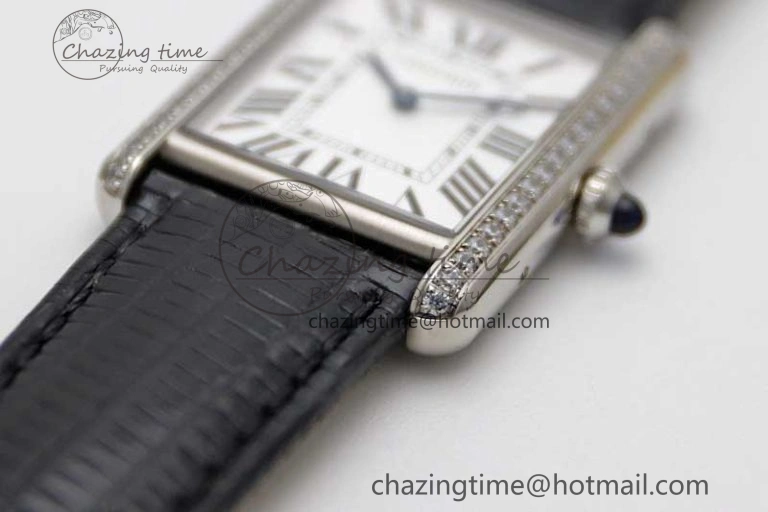Tank Must Large SS K11F 1:1 Best Edition White Dial Diamonds Bezel on Croc Leather Strap Ronda Quartz