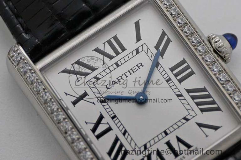 Tank Must Large SS K11F 1:1 Best Edition White Dial Diamonds Bezel on Croc Leather Strap Ronda Quartz