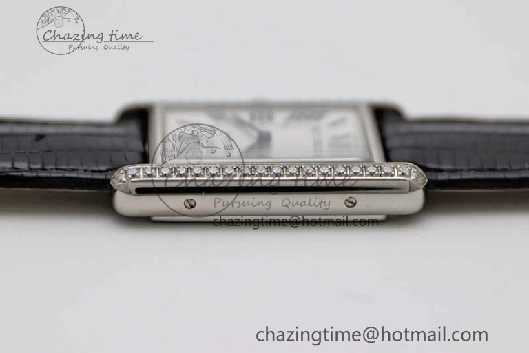 Tank Must Large SS K11F 1:1 Best Edition White Dial Diamonds Bezel on Croc Leather Strap Ronda Quartz