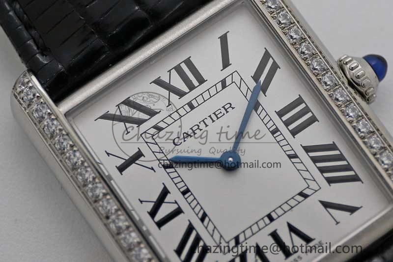 Tank Must Large SS K11F 1:1 Best Edition White Dial Diamonds Bezel on Croc Leather Strap Ronda Quartz