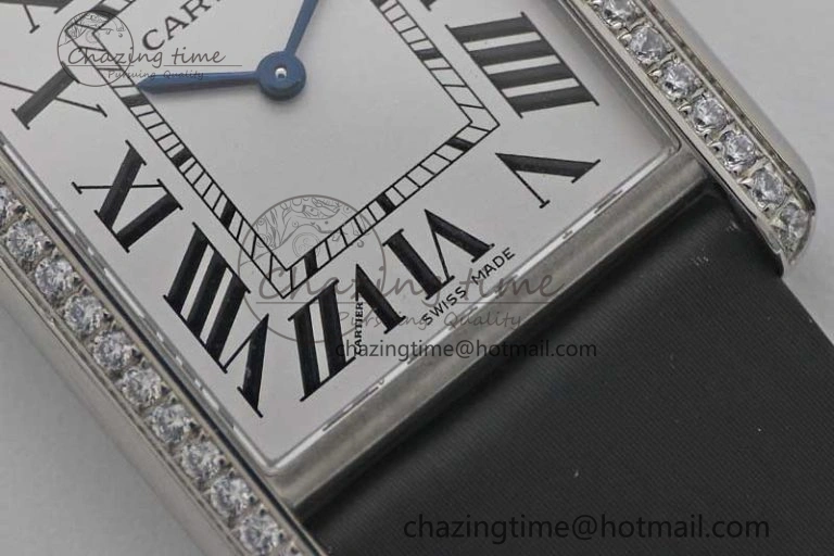 Tank Must Large SS K11F 1:1 Best Edition White Dial Diamonds Bezel on Satin Leather Strap Ronda Quartz