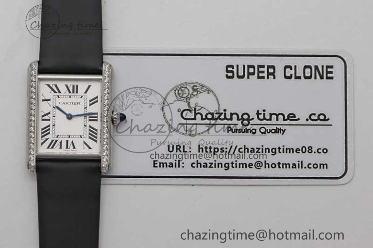 Tank Must Large SS K11F 1:1 Best Edition White Dial Diamonds Bezel on Satin Leather Strap Ronda Quartz