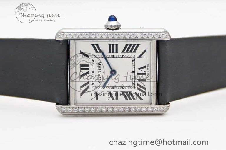 Tank Must Large SS K11F 1:1 Best Edition White Dial Diamonds Bezel on Satin Leather Strap Ronda Quartz