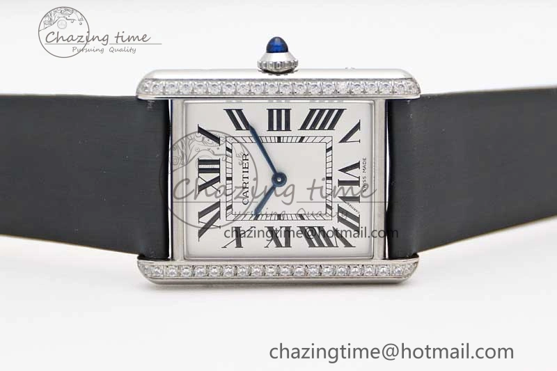 Tank Must Large SS K11F 1:1 Best Edition White Dial Diamonds Bezel on Satin Leather Strap Ronda Quartz