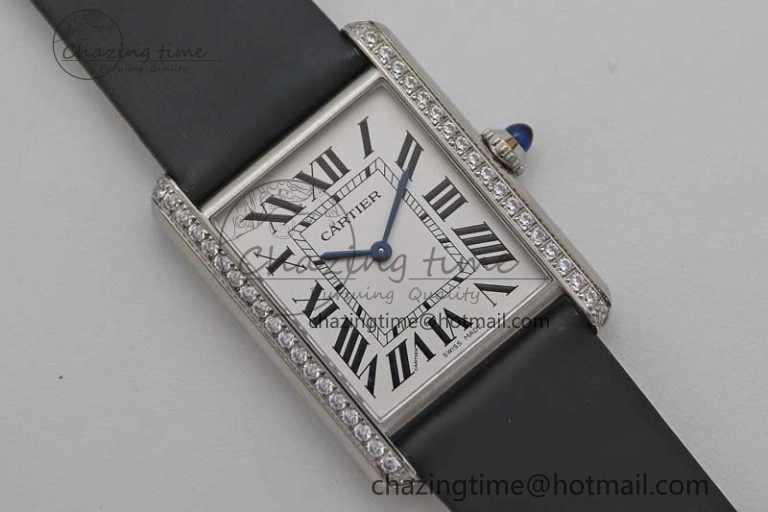 Tank Must Large SS K11F 1:1 Best Edition White Dial Diamonds Bezel on Satin Leather Strap Ronda Quartz