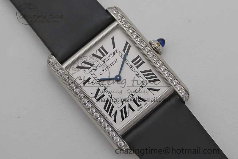 Tank Must Large SS K11F 1:1 Best Edition White Dial Diamonds Bezel on Satin Leather Strap Ronda Quartz