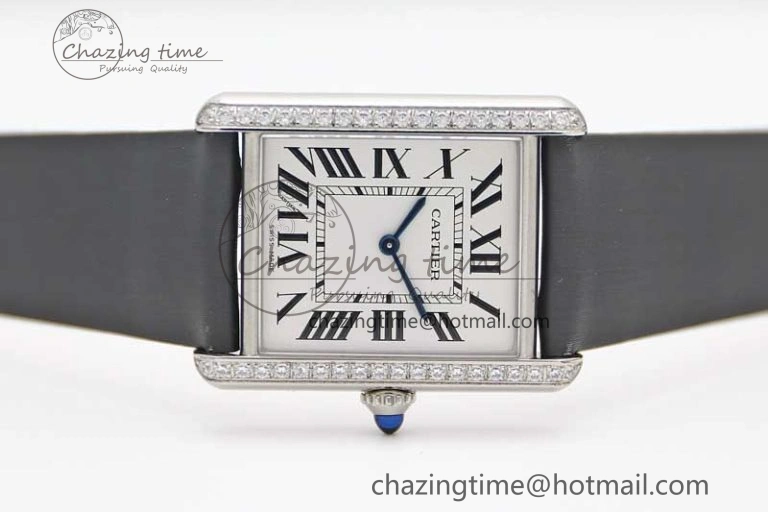 Tank Must Large SS K11F 1:1 Best Edition White Dial Diamonds Bezel on Satin Leather Strap Ronda Quartz