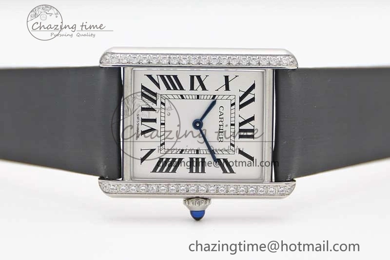 Tank Must Large SS K11F 1:1 Best Edition White Dial Diamonds Bezel on Satin Leather Strap Ronda Quartz
