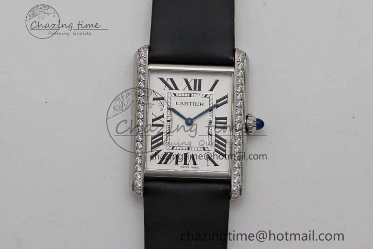 Tank Must Large SS K11F 1:1 Best Edition White Dial Diamonds Bezel on Satin Leather Strap Ronda Quartz