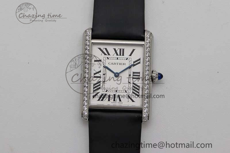 Tank Must Large SS K11F 1:1 Best Edition White Dial Diamonds Bezel on Satin Leather Strap Ronda Quartz