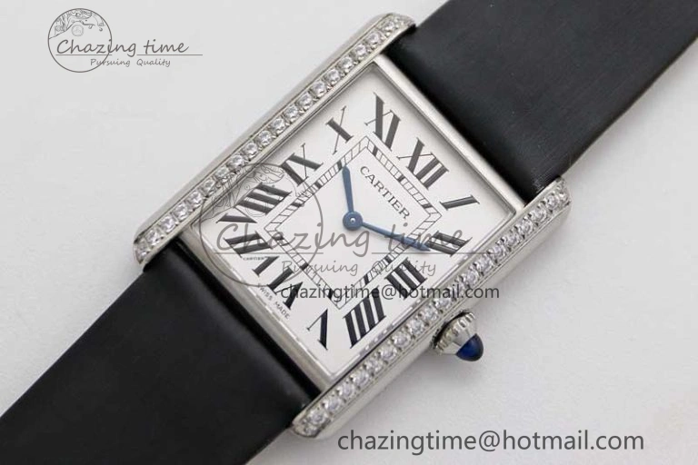 Tank Must Large SS K11F 1:1 Best Edition White Dial Diamonds Bezel on Satin Leather Strap Ronda Quartz