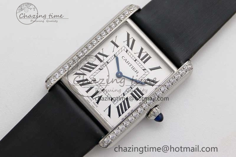 Tank Must Large SS K11F 1:1 Best Edition White Dial Diamonds Bezel on Satin Leather Strap Ronda Quartz