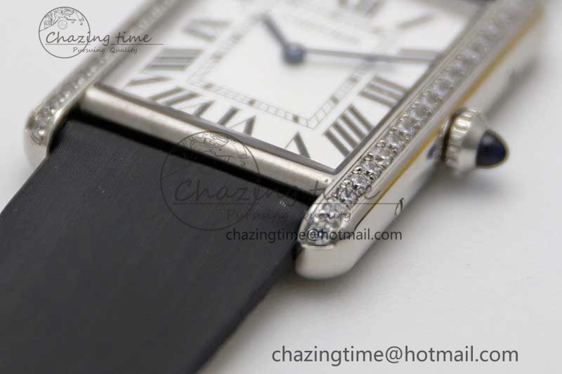 Tank Must Large SS K11F 1:1 Best Edition White Dial Diamonds Bezel on Satin Leather Strap Ronda Quartz