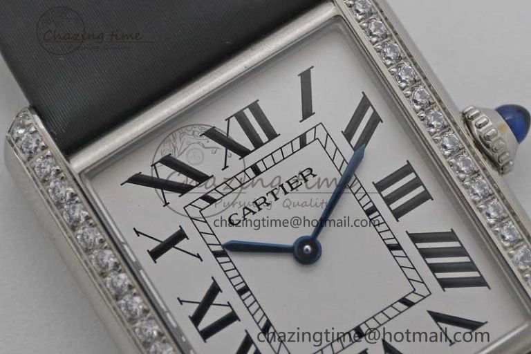 Tank Must Large SS K11F 1:1 Best Edition White Dial Diamonds Bezel on Satin Leather Strap Ronda Quartz
