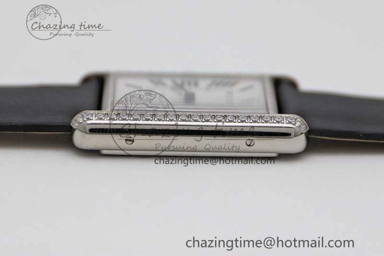 Tank Must Large SS K11F 1:1 Best Edition White Dial Diamonds Bezel on Satin Leather Strap Ronda Quartz