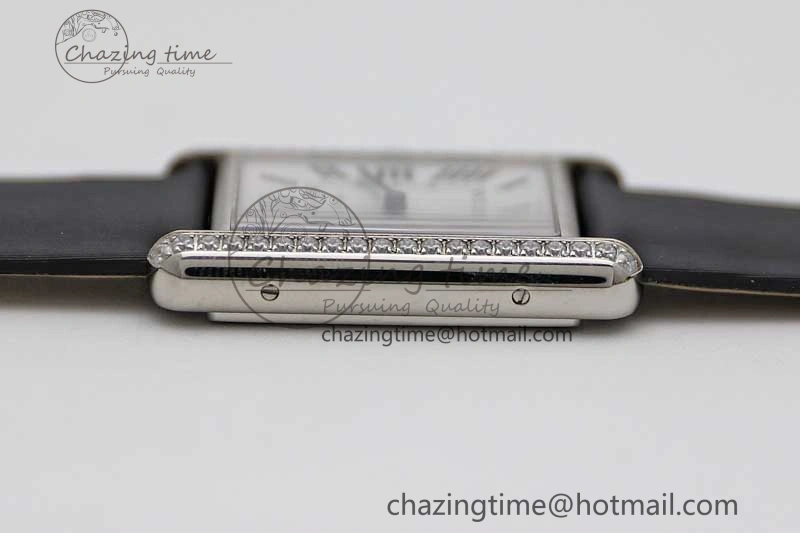 Tank Must Large SS K11F 1:1 Best Edition White Dial Diamonds Bezel on Satin Leather Strap Ronda Quartz