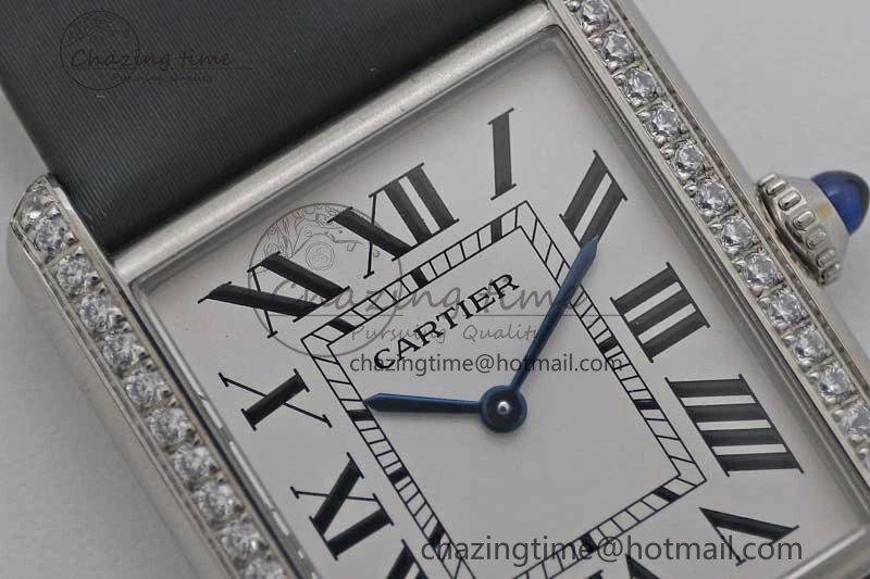 Tank Must Large SS K11F 1:1 Best Edition White Dial Diamonds Bezel on Satin Leather Strap Ronda Quartz