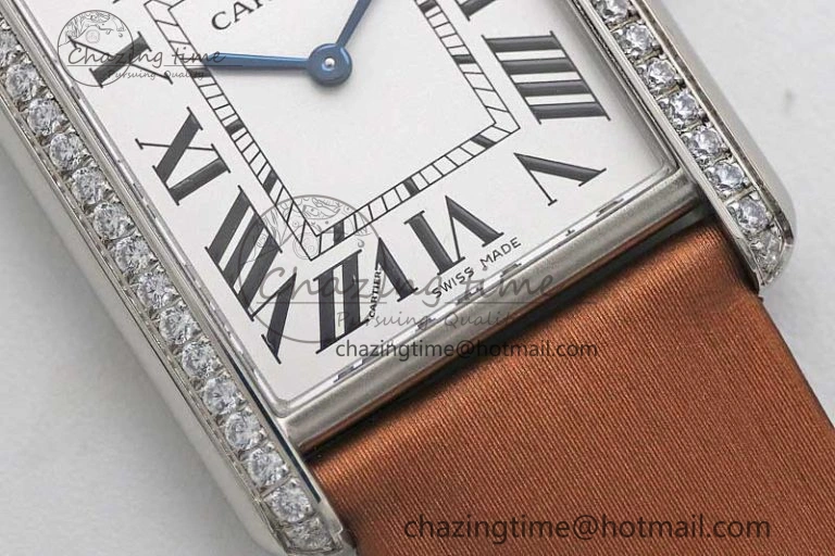 Tank Must Large SS K11F 1:1 Best Edition White Dial Diamonds Bezel on Satin Leather Strap Ronda Quartz