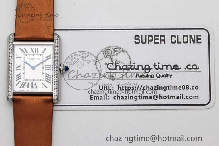 Tank Must Large SS K11F 1:1 Best Edition White Dial Diamonds Bezel on Satin Leather Strap Ronda Quartz