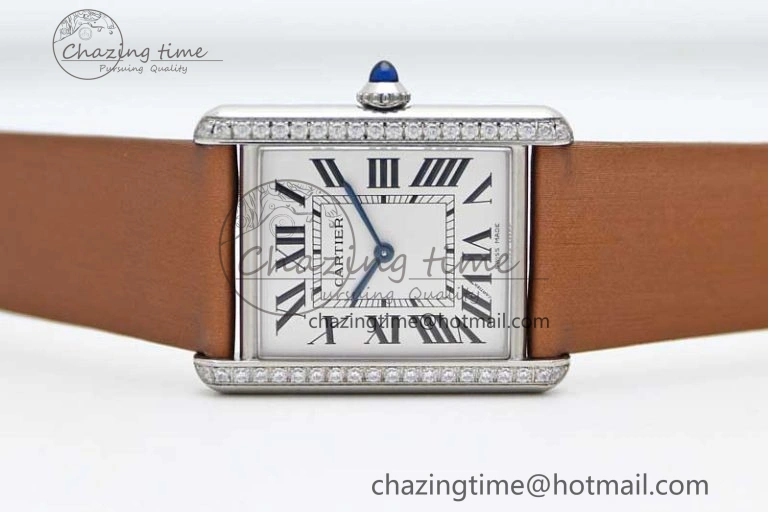 Tank Must Large SS K11F 1:1 Best Edition White Dial Diamonds Bezel on Satin Leather Strap Ronda Quartz