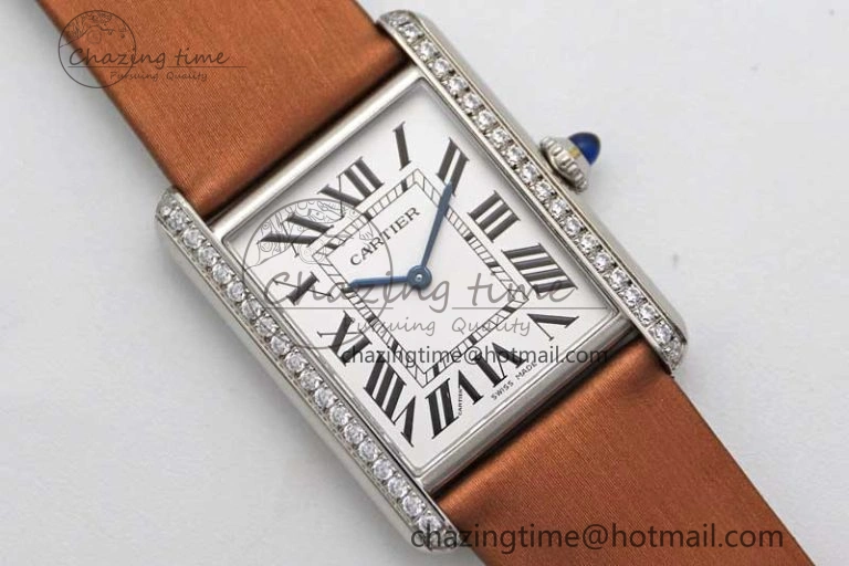Tank Must Large SS K11F 1:1 Best Edition White Dial Diamonds Bezel on Satin Leather Strap Ronda Quartz