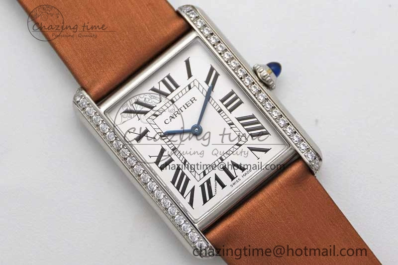 Tank Must Large SS K11F 1:1 Best Edition White Dial Diamonds Bezel on Satin Leather Strap Ronda Quartz