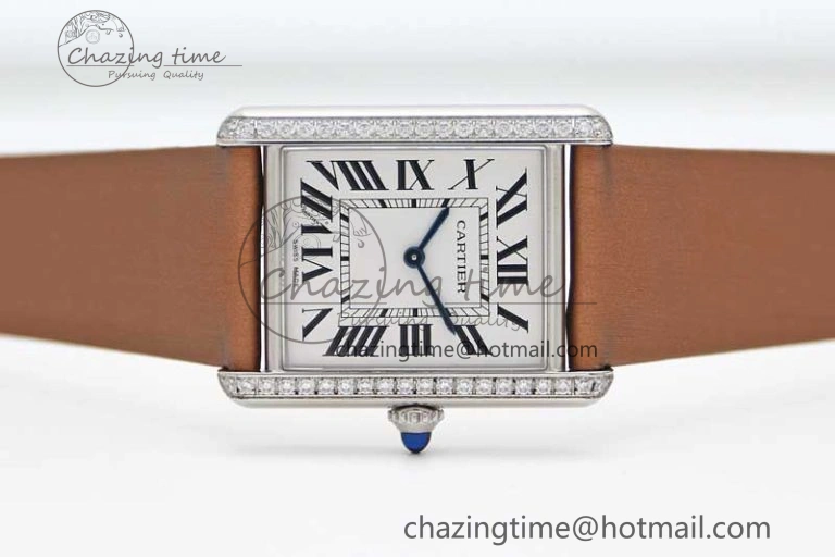 Tank Must Large SS K11F 1:1 Best Edition White Dial Diamonds Bezel on Satin Leather Strap Ronda Quartz