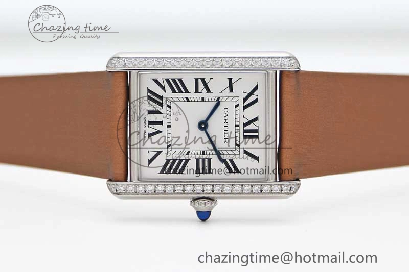 Tank Must Large SS K11F 1:1 Best Edition White Dial Diamonds Bezel on Satin Leather Strap Ronda Quartz
