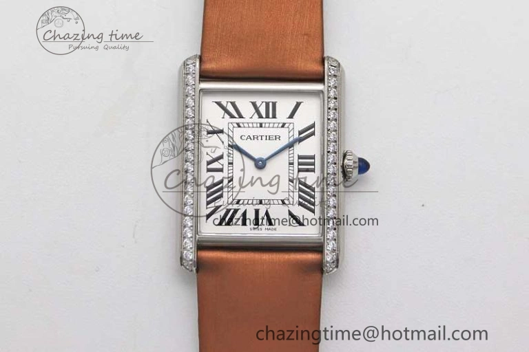 Tank Must Large SS K11F 1:1 Best Edition White Dial Diamonds Bezel on Satin Leather Strap Ronda Quartz