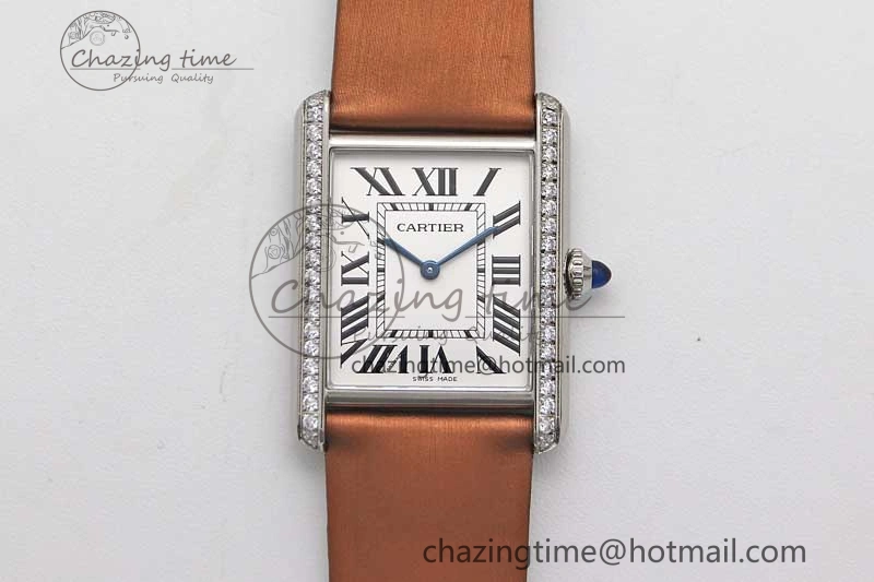 Tank Must Large SS K11F 1:1 Best Edition White Dial Diamonds Bezel on Satin Leather Strap Ronda Quartz