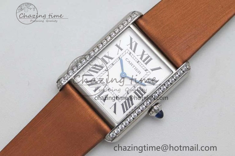 Tank Must Large SS K11F 1:1 Best Edition White Dial Diamonds Bezel on Satin Leather Strap Ronda Quartz