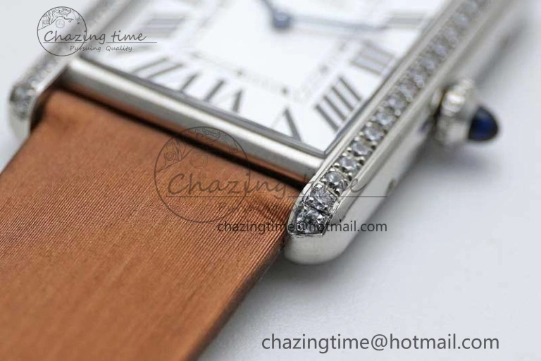 Tank Must Large SS K11F 1:1 Best Edition White Dial Diamonds Bezel on Satin Leather Strap Ronda Quartz